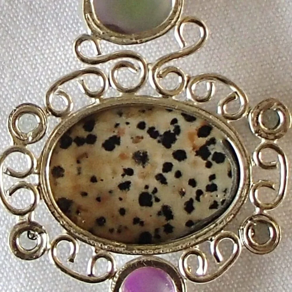 Dalmation Jasper Rainbow Topaz Green Amethyst .925 Scrollwork Pendant Only - Picture 9 of 10